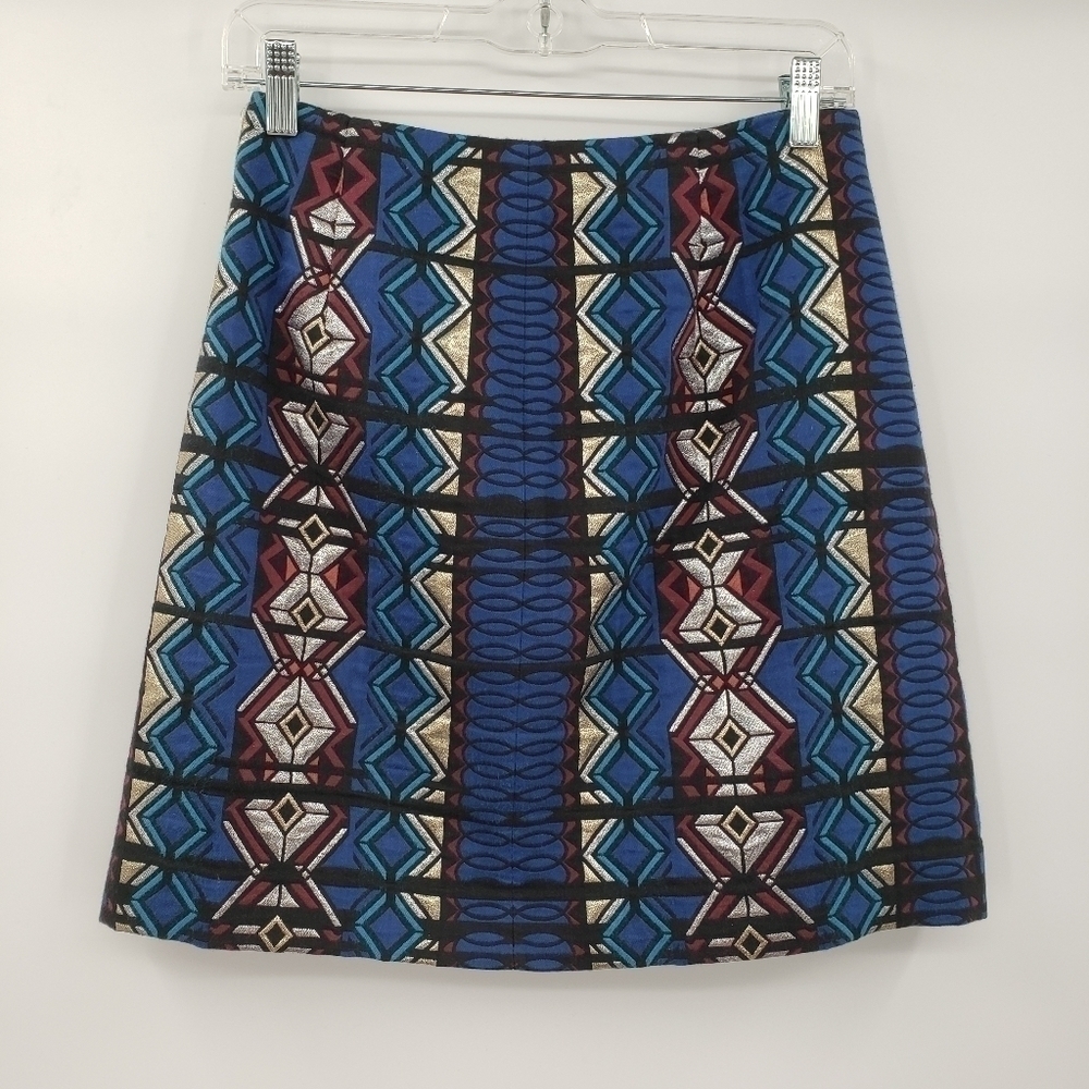 J. Crew Aztec Print Dark Blue Multicolor Metallic Zip up Mini Skirt